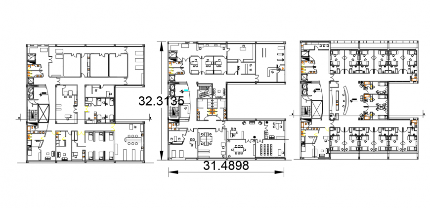 First, second and third floor plan details of seven story hospital dwg file