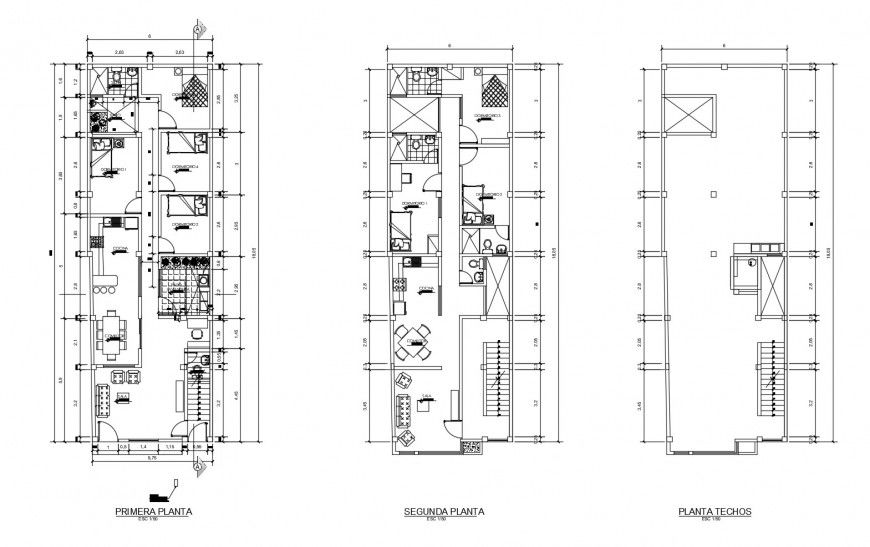 First, second and third floor plan details of three story residential building dwg file