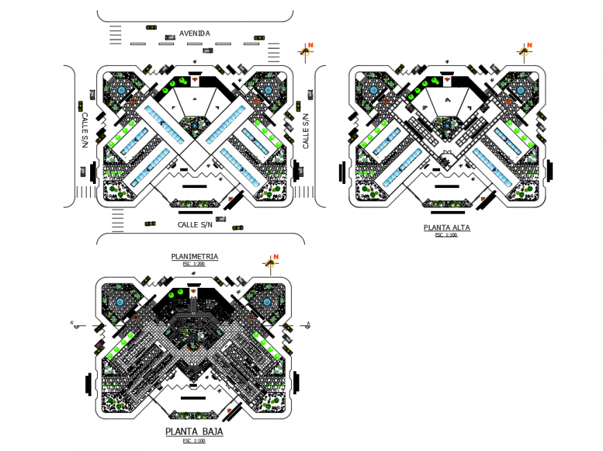 First, second and third floor plan details of urban market dwg file