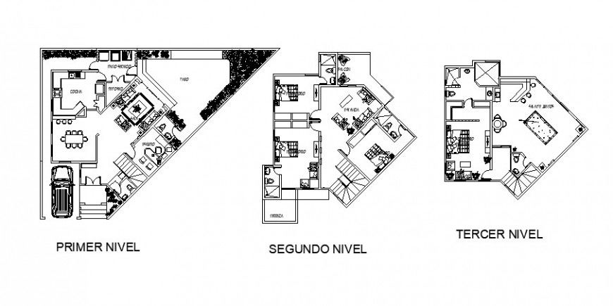 First, second and third floor plan of house in auto cad software