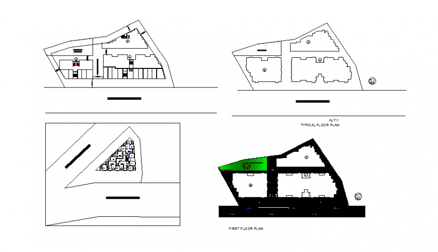 First, second and typical floor plan details of office building dwg file