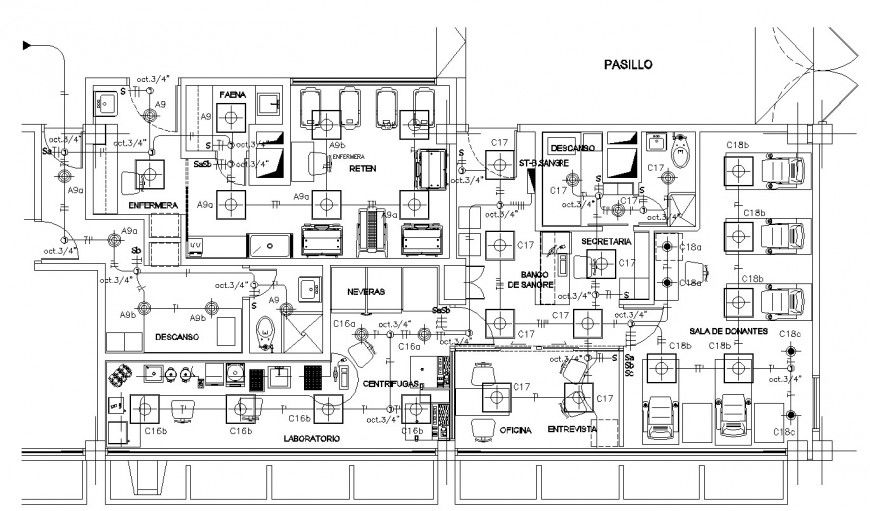 First floor distribution plan details of hospital with blood bank dwg file