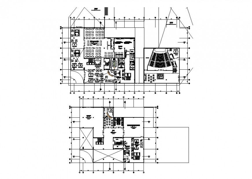 First and second floor distribution plan details of auditorium hall building dwg file