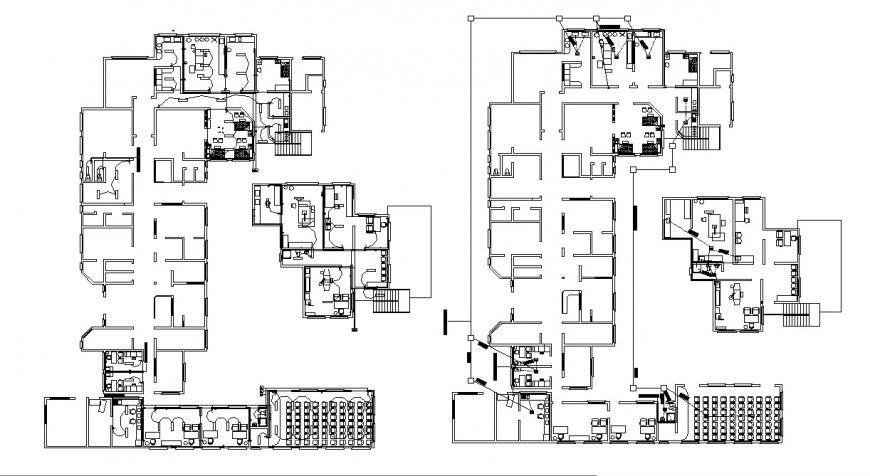 First and second floor distribution plan details of corporate building dwg file