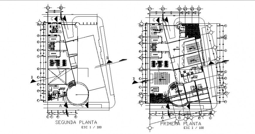 First and second floor distribution plan details of culture hall dwg file