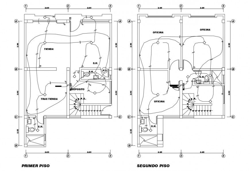 First and second floor electrical layout plan details of house with store dwg file