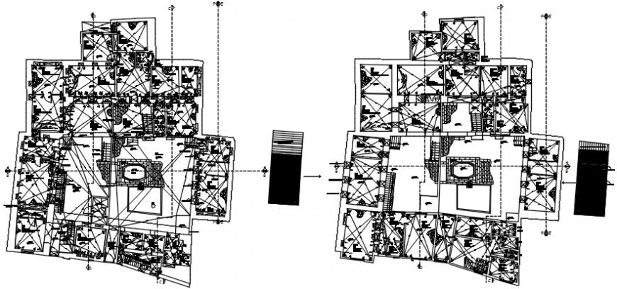 First and second floor layout plan details of apartment building dwg file