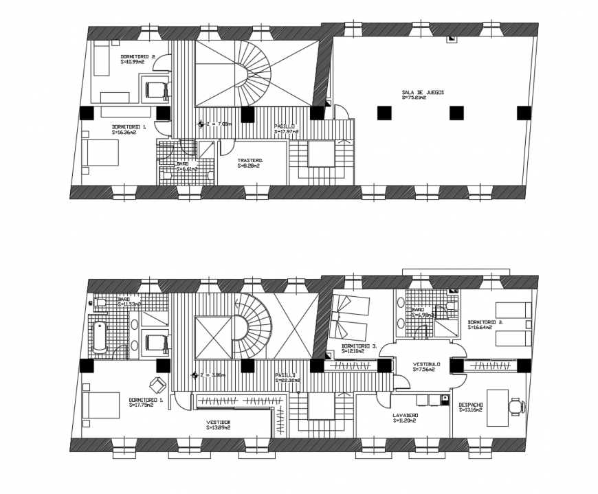 First and second floor layout plan details of cottage house dwg file
