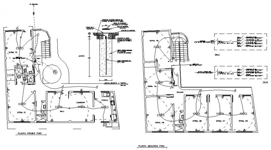 First and second floor of house plan, sanitary and electrical installation drawing details dwg file