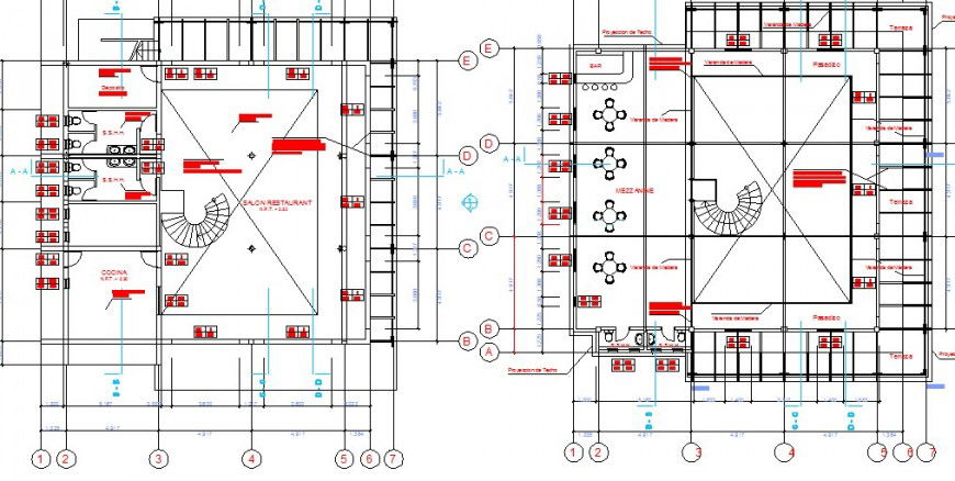 First and second floor plan detail of restaurant with salon dwg file