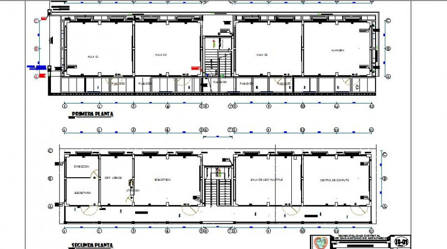 First and second floor plan details of education building dwg file