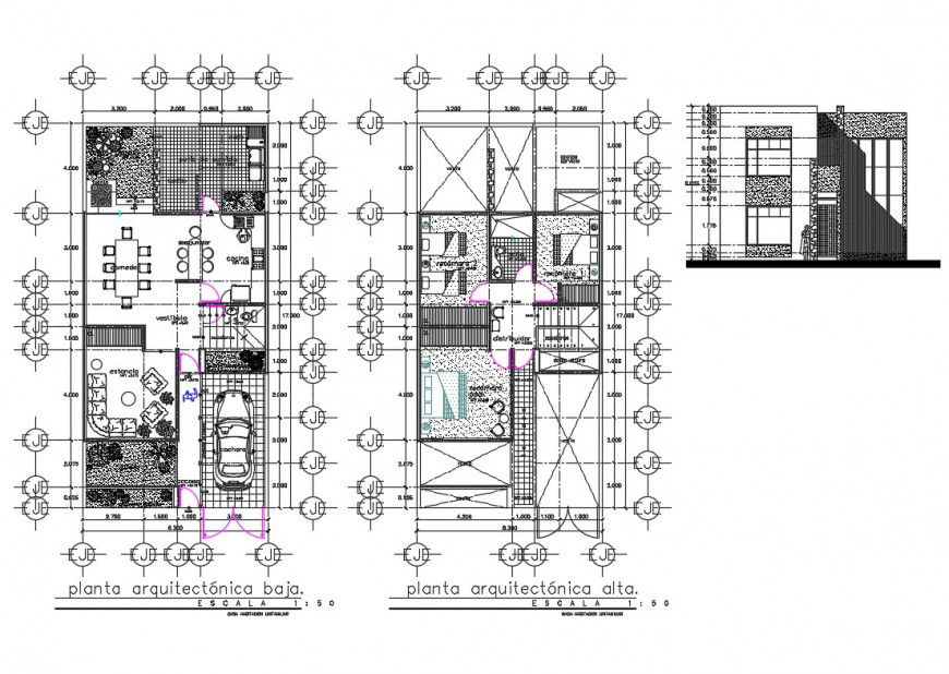 First and second floor plan details of house with cut elevation dwg file