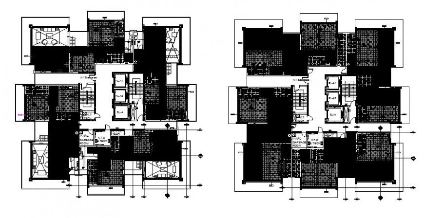 First and second floor plan details of multi-family apartment building dwg file