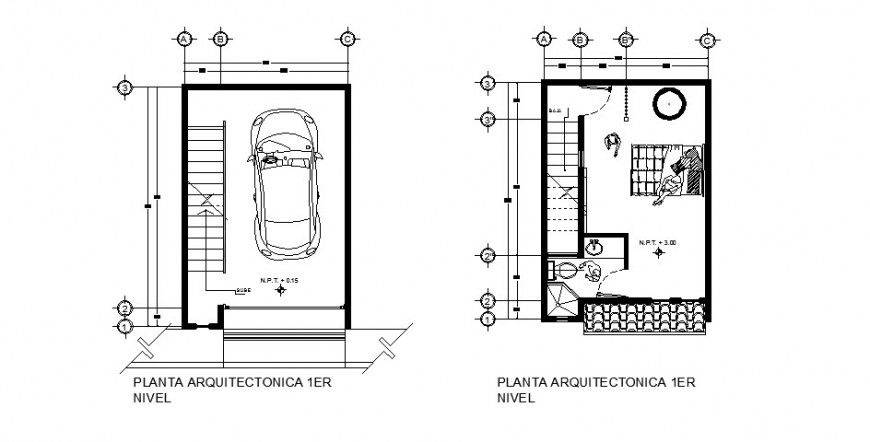 First and second floor plan details of small one family house dwg file