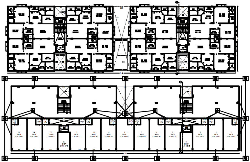 First and second floor plan distribution drawing details of apartment building dwg file