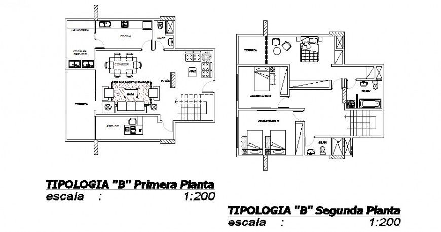 First and second floor plan distribution of house cad drawing details dwg file