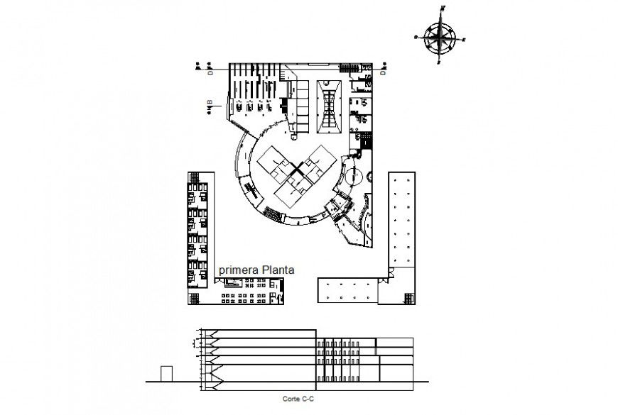 First and sectional plan of commercial Centre first plan in autocade software