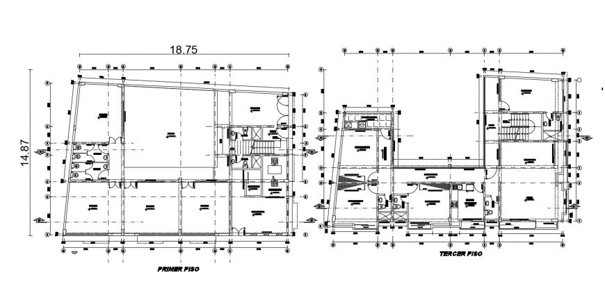 First and third floor distribution plan of apartment building dwg file