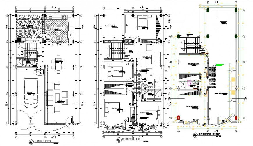 First floor, second floor and terrace plan drawing in dwg AutoCAD file.