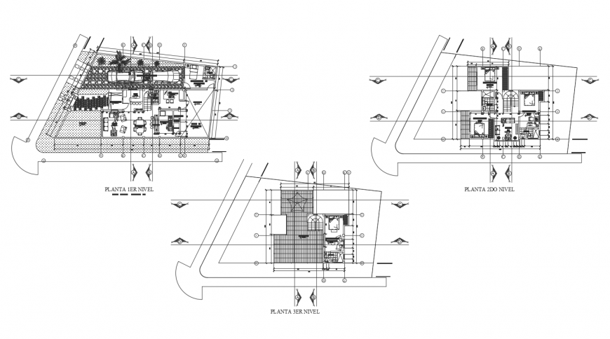 First floor, second floor and third floor layout plan details of one family house dwg file