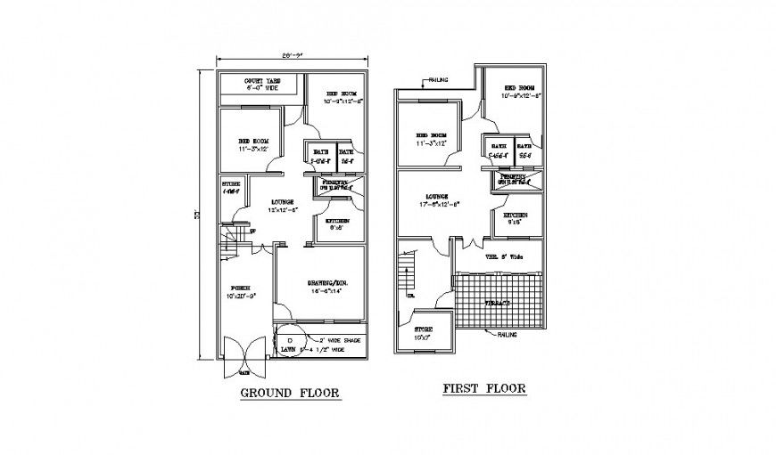 First floor and ground floor layout plan details of house dwg file