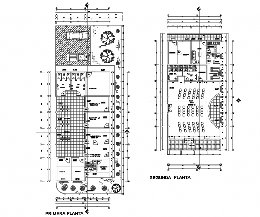 First floor and second floor plan details of health center building dwg file