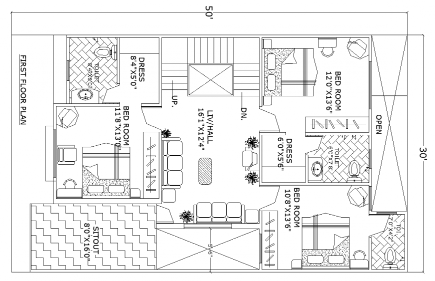 First floor bungalow plan drawing in dwg AutoCAD file.