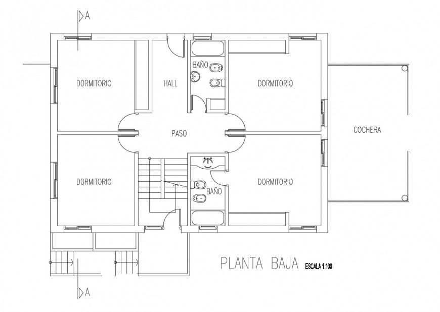 First floor distribution layout plan for single family house dwg file