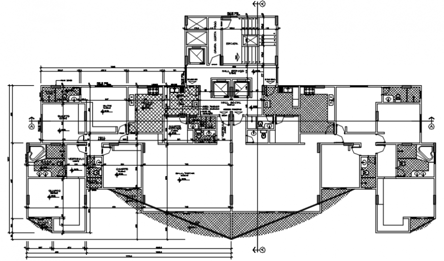 First floor distribution plan details of apartment building dwg file
