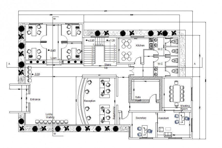 First floor distribution plan details of bank office dwg file