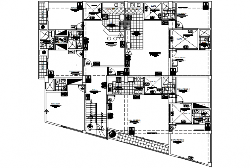 First floor distribution plan details of four story apartment building dwg file