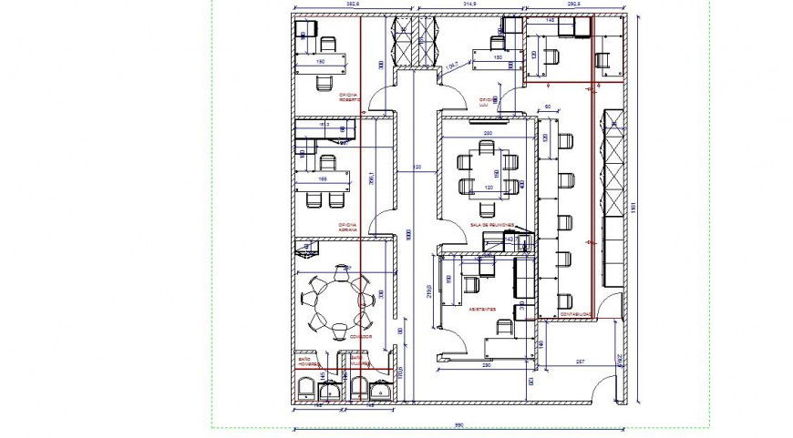 First floor distribution plan details of office with furniture details dwg file