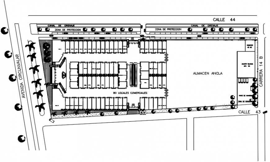 First floor distribution plan details of shopping center building dwg file