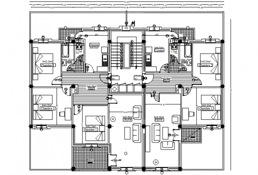 First floor distribution plan drawing details of apartment building dwg file
