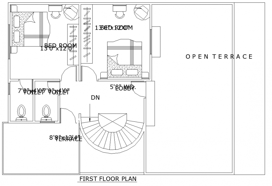 First floor house furniture layout plan drawing in dwg AutoCAD file.