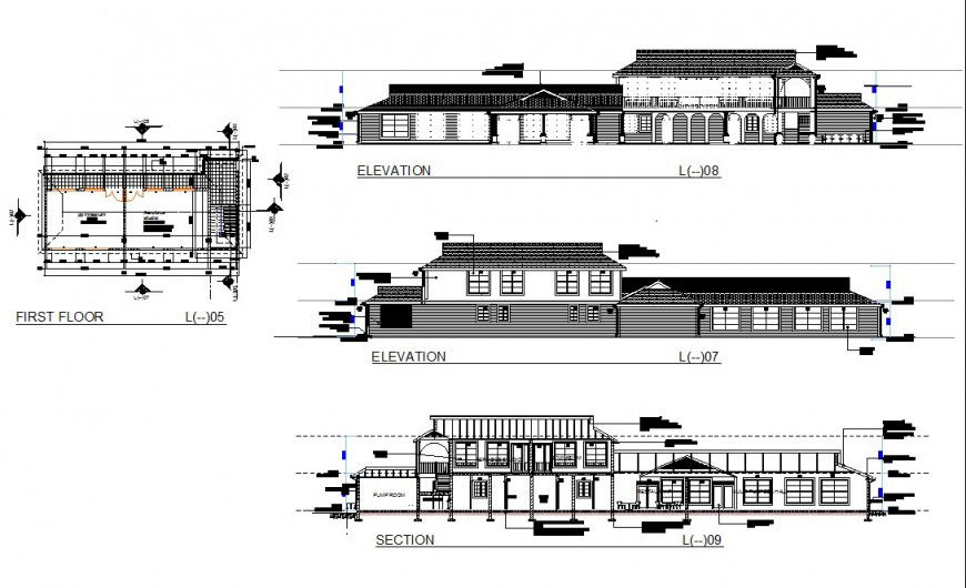 First floor house plan detail, elevation and section autocad file