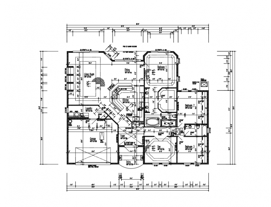 First floor layout plan details of single family house dwg file