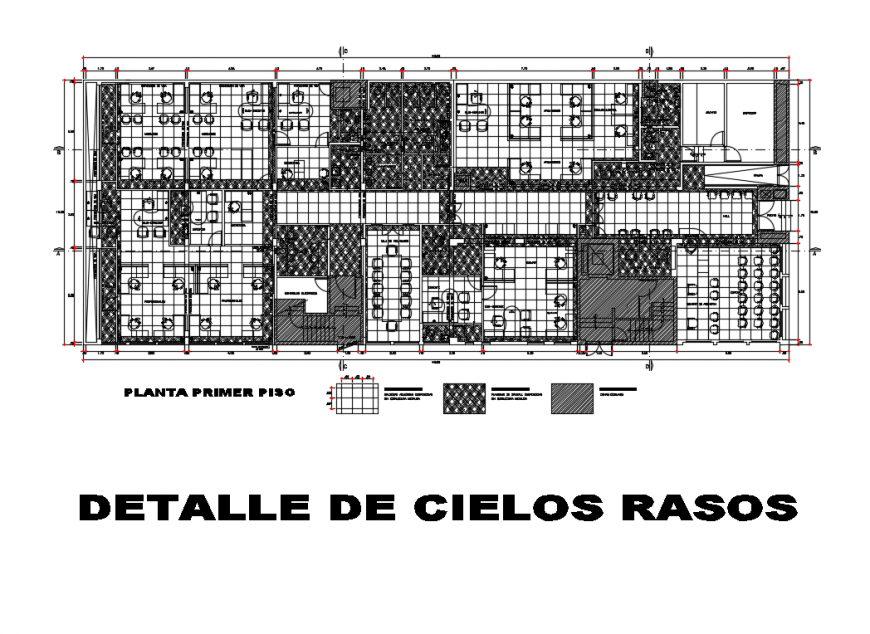 First floor layout plan of office with ceiling construction details dwg file