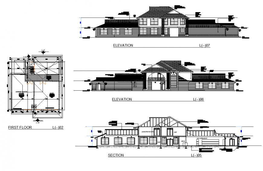 First floor plan, elevation and section home detail dwg file