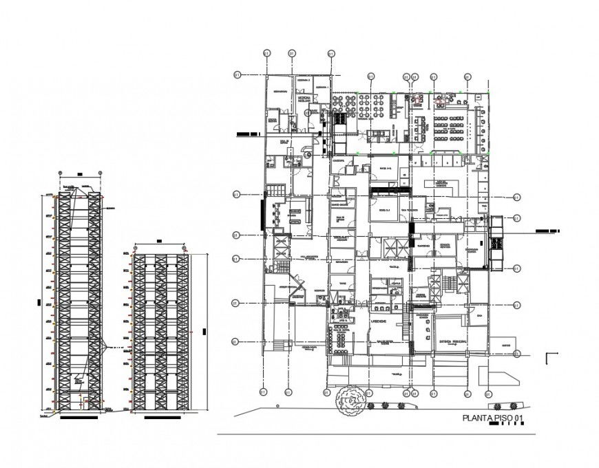 First floor plan and sectional details of corporate office building dwg file