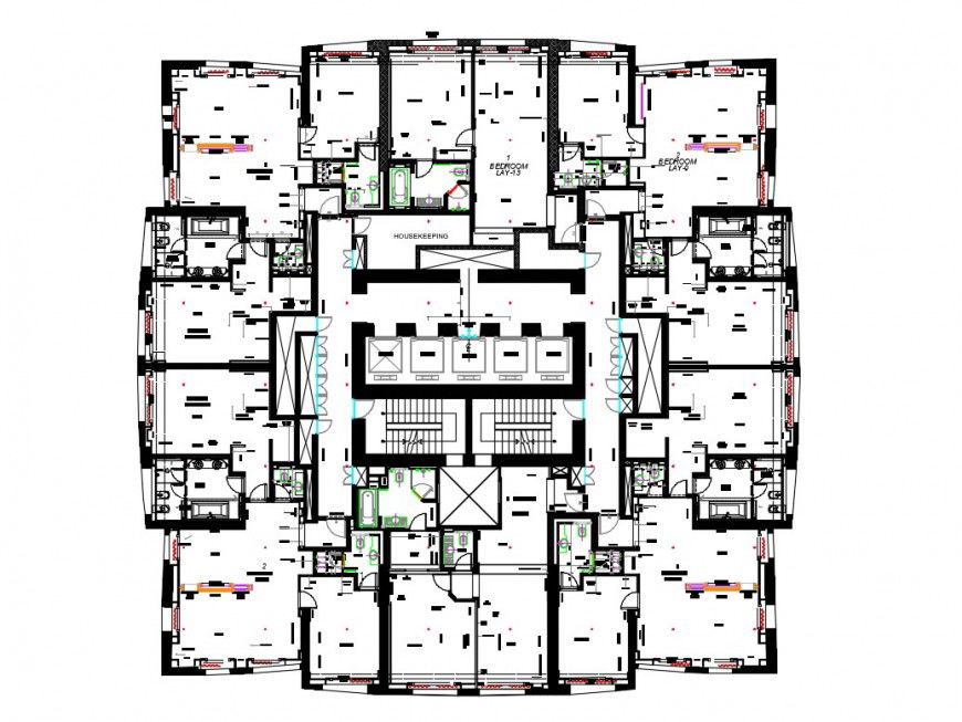 First Floor Plan of Multi-Family Flat with Furniture DWG file