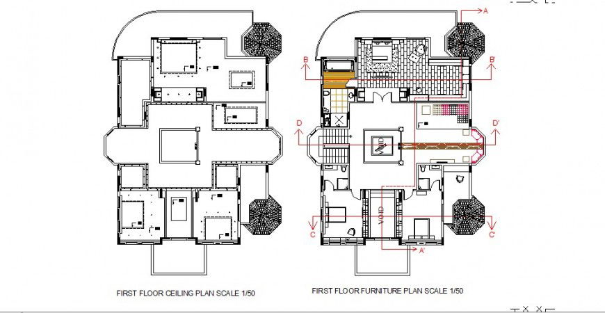 First floor plan with furniture and ceiling layout of villa dwg file