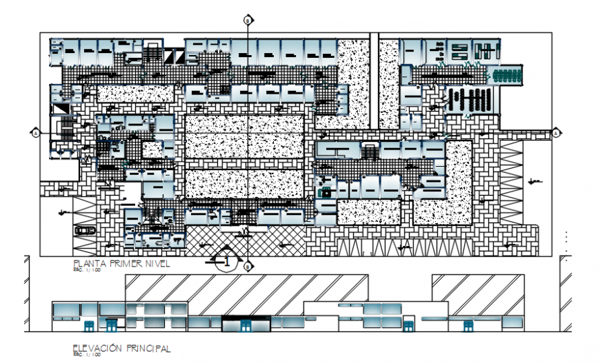 First floor plan with main elevation of hospital in auto cad software