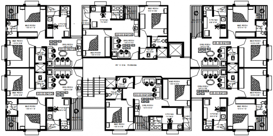 First floor typical distribution plan drawing details for apartment building dwg file