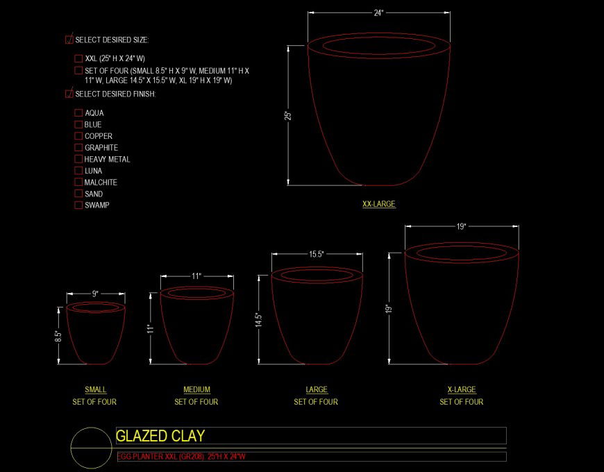 Five different types of pot in dwg file.