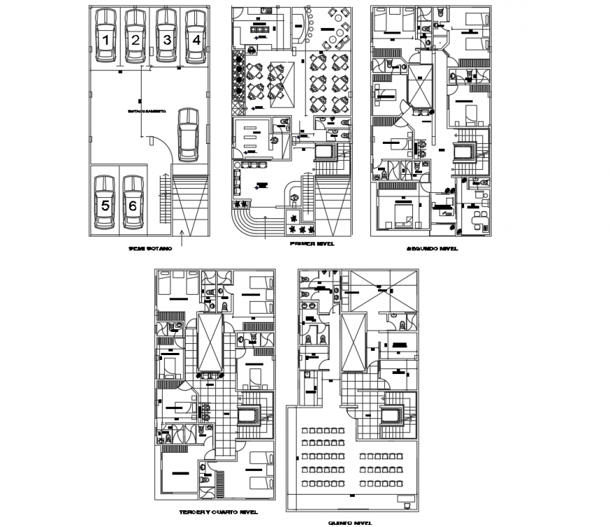 Five floor distribution details of luxuries hotel building dwg file