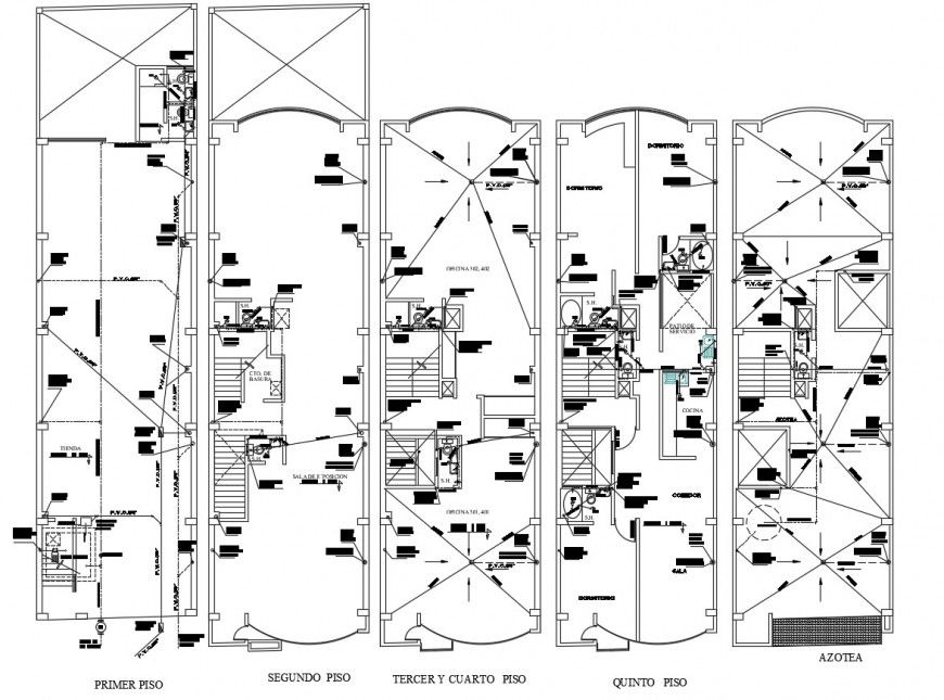 Five floor distribution layout plan details of apartment building with stores dwg file
