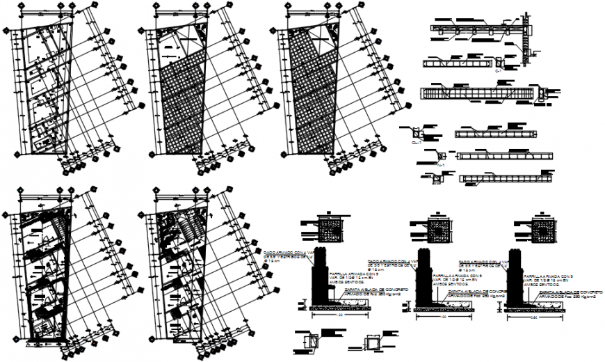 Five floor distribution plan and structure details for apartment building dwg file