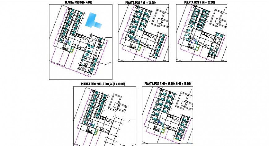 Five floors distribution layout plan details of las delicious hotel dwg file