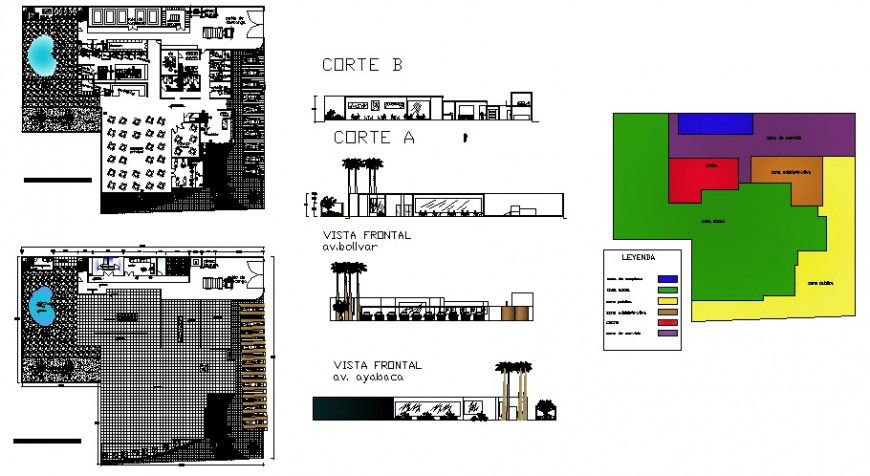 Five forks restaurant elevation, section and plan cad drawing details dwg file